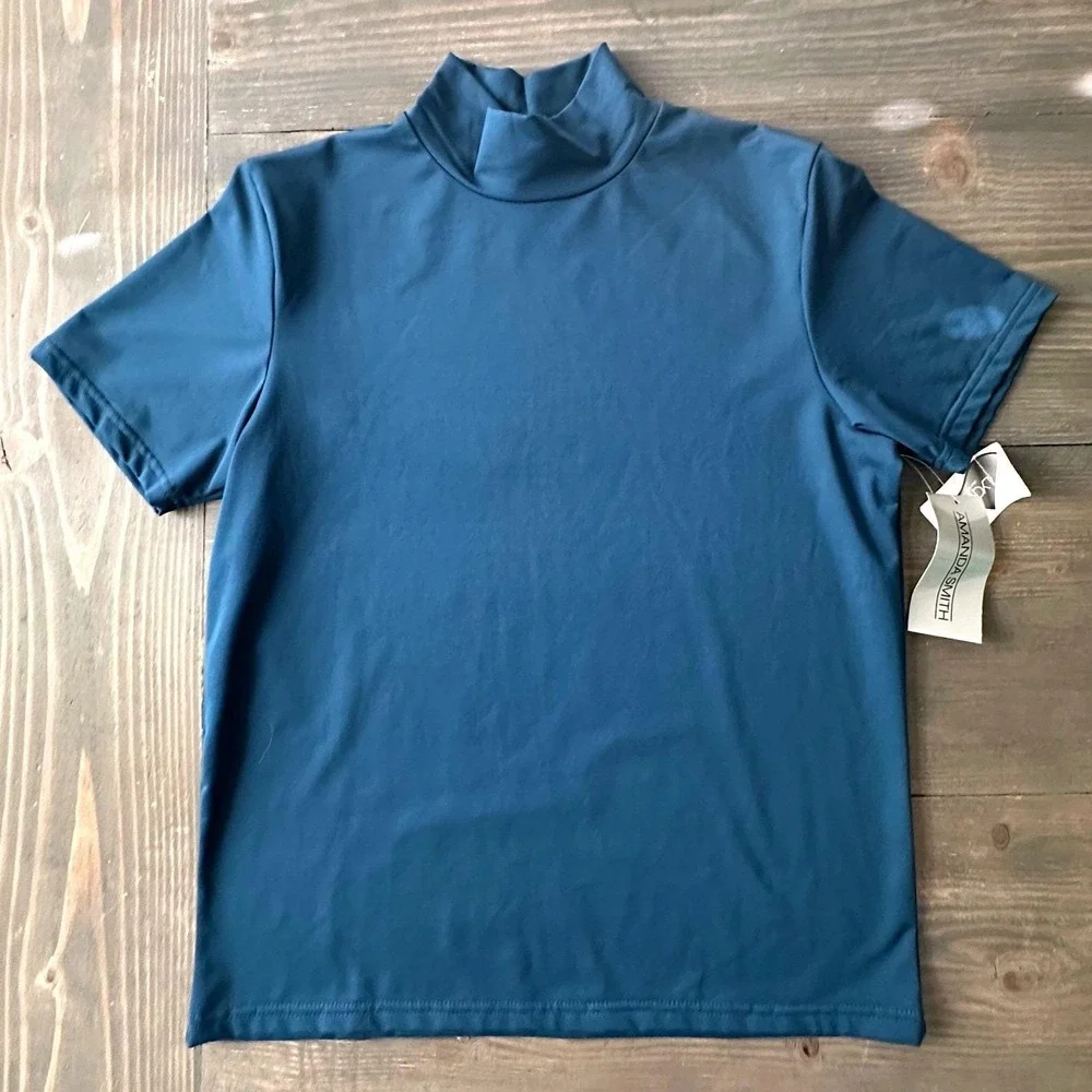 Vintage Amanda Smith Blue Mock‎ Neck Short Sleeve Stretch Top Women's Size M NWT